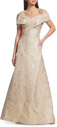 Teri Jon by Rickie Freeman Off-The-Shoulder Jacquard Bow Gown