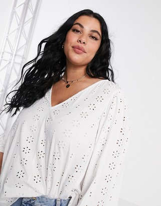 ASOS Curve DESIGN Curve swing top with v neck in contrast broidery with puff sleeve