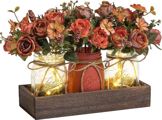 TROPOW TableCenterpiecesDecorMasonJar-3PcsRusticSpringDecorwithFakeBlueFlowers,WoodTray&RemoteTimerLights,ArtificialFlowerTableDecor