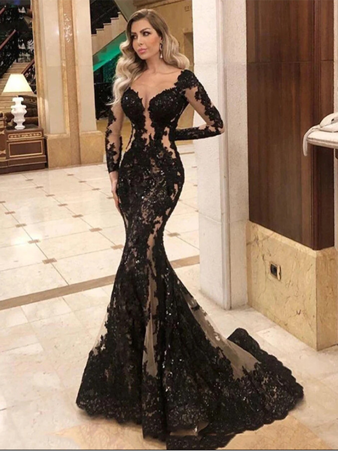 ZHUISHU Luxury Long Sleeves V-Neck Black Wedding Dresses New Party Night Robe De Soiree Elegant Appliques Illusion Robe de mariée