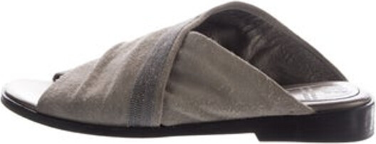 Brunello Cucinelli Suede Slides Neutrals Monili Crystal Embellishments Platform Designer