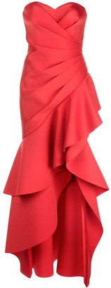 badgley mischka red cold shoulder gown