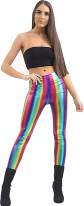 Labreeze Ladies Shiny Metallic Rainbow Leggings Womens Pride Fancy Dress Party Pants (SM)