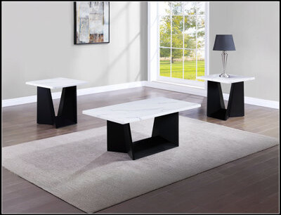 Ivy Bronx 3Pc Modern Cocktail Set With Luxurious Faux Marble Top And Angular Black Base For Elegant Living Rooms