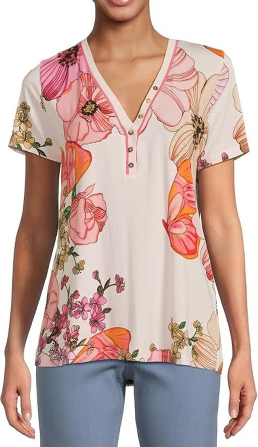 Johnny Was Women's The Janie Favorite Short Sleeve Henley Tee, Rosabelia