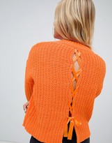 Thumbnail for your product : Miss Selfridge chenille jumper with lattice back detail in orange