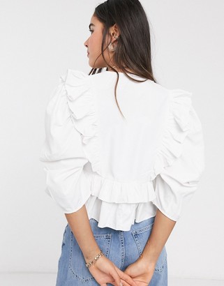 Stradivarius long sleeve shirt with frill in white