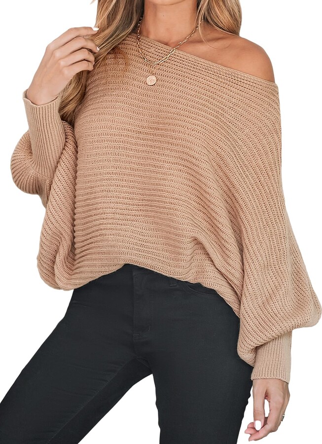 Women's V Neck Split Trim Oversized Sweater - Cupshe -Light Brown-M-Brown