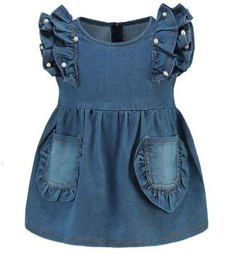 Top and Top Toddler Baby Girls Ruffle Layer Flouncing Sleeve Pearl Solid Denim Dress Princess Party Skirts