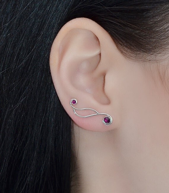 Etsy Silver Ear Climber Earring // Ruby Ear Cuff - Pins Minimalist Jewelry Sweep Vines Earcuff Earings