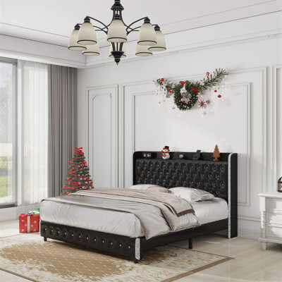 Latitude Run Wingback Upholstered Platform Bed Frame With Galaxy Projector, Diamond Button Headbaord, USB Charger, Music Speaker