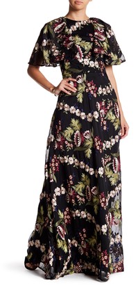 Monique Lhuillier Floral Embroidered Wide Sleeve Maxi Dress