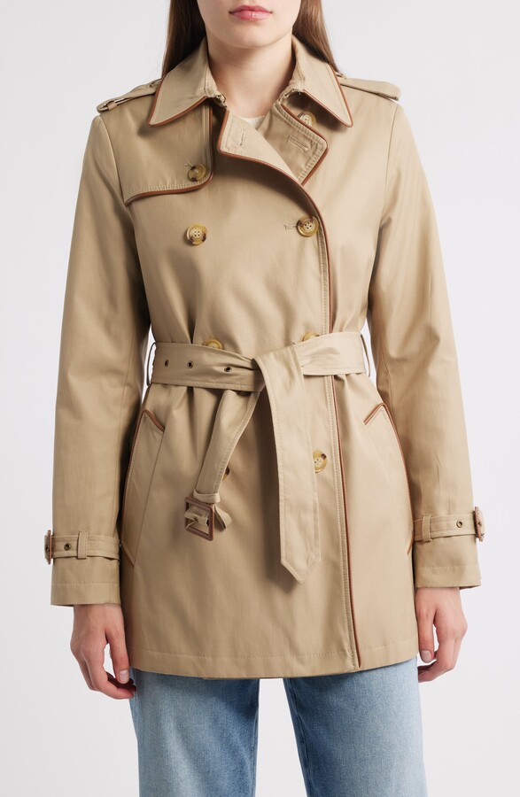 Lauren Ralph Lauren Belted Double Breasted Trench Coat with Faux Leather Trim