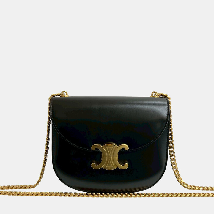 Celine Black Teen Shiny Calfskin Triomphe Besace Clea Chain Crossbody