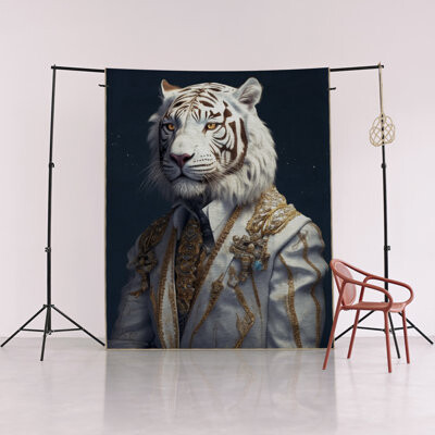 Trinx Midnight Blue-Themed Surrealist Design Suit-Wearing Noble Tiger Patterned Modern Decorative Rug