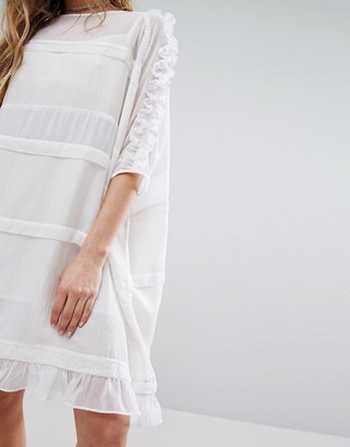 Religion Sheer T-Shirt Dress With Frill Sleeves And Hem