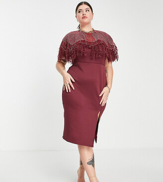 ASOS Curve ASOS DESIGN Curve embellished scuba pearl faux feather midi dress in red
