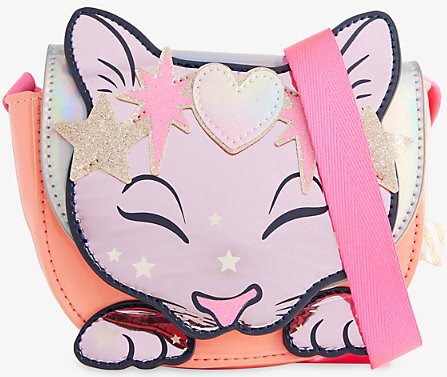 Peach Glittered-Cat Illustration Coated Cross-Body Bag 1 Size