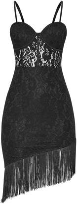 Pure Black Lace Cup Detail Tassel Hem Bodycon Dress