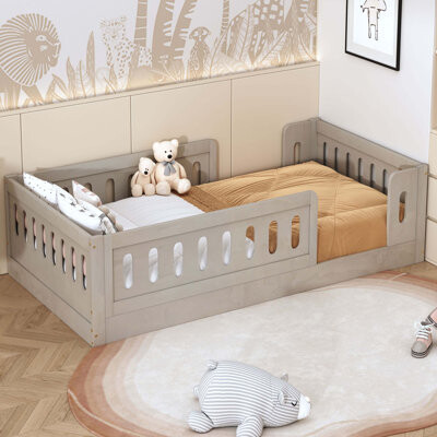 Harper&Bright Designs Wood Floor Bed with Semi-Enclosed Guardrails