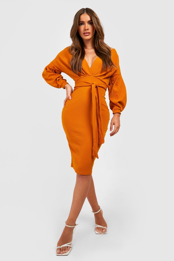 orange wrap midi dress