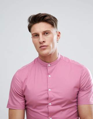ASOS Design Skinny Shirt With Grandad Collar And Short Sleeves In Pink