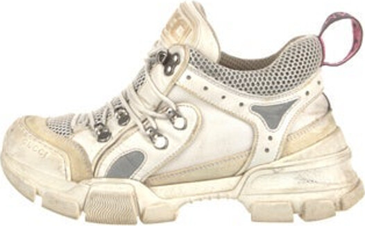 Gucci Leather Low Top Chunky Sneakers White Rubber Trim Round-Toes with Mesh Accents Lace-Up Closure at Uppers Designer