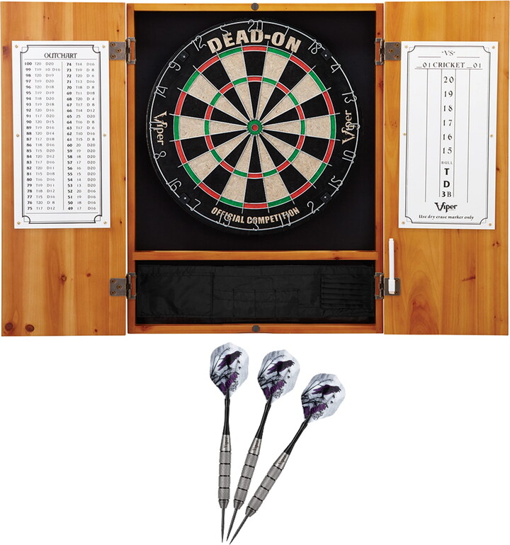Viper Metropolitan Oak Steel Tip Dartboard Cabinet, Dead-On Bristle Dartboard, and Underground Raven Steel Tip Darts 25 Grams