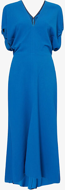 Victoria Beckham Womens Sapphire Blue V-Neck Asymmetric-Hem Stretch-Woven Midi Dress 10