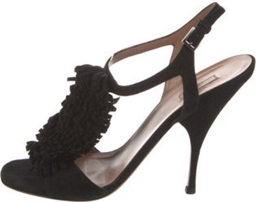 Alaia Suede T-Strap Sandals Black Suede Trim Straps & Buckle Closure at Ankles