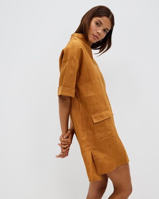 AERE Women's Brown Shirt Dresses - Pocket Detail Linen Shirt Dress