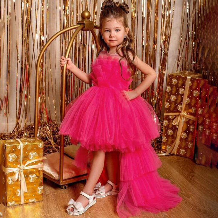PLBBFZ Baby Girl Tulle Trailing White Baptism Dresses Princess Bow Party Wedding Birthday Bridesmaid Dress First Communion Gown 2 8 Yrs