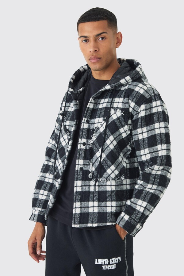 boohoo Mens White Oversized Hooded Check Patchwork Padded Shirt