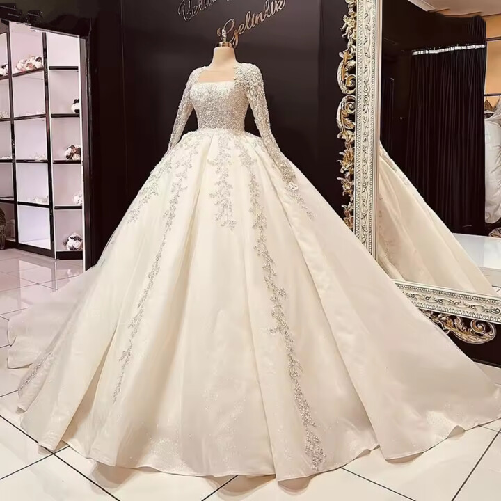 Vinca sunny Customized Long Sleeves Sequin Beaded White Wedding Dress 2025 Ball Gown Sweep Train Tulle Lace Up Bridal Gown Vestidos de novia