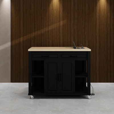 Kitchen Island With Extendable Dining Table, Rubberwood Veneer Kitchen Table With Internal Storage Shelves, Power Sockets, Kitchen Island With Storage