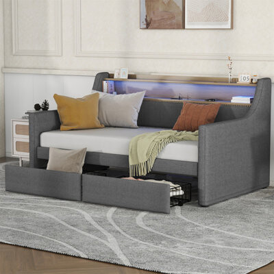 Twin Size Daybed With Storage Drawers, Upholstered With Charging Station And LED Lights For Modern Living