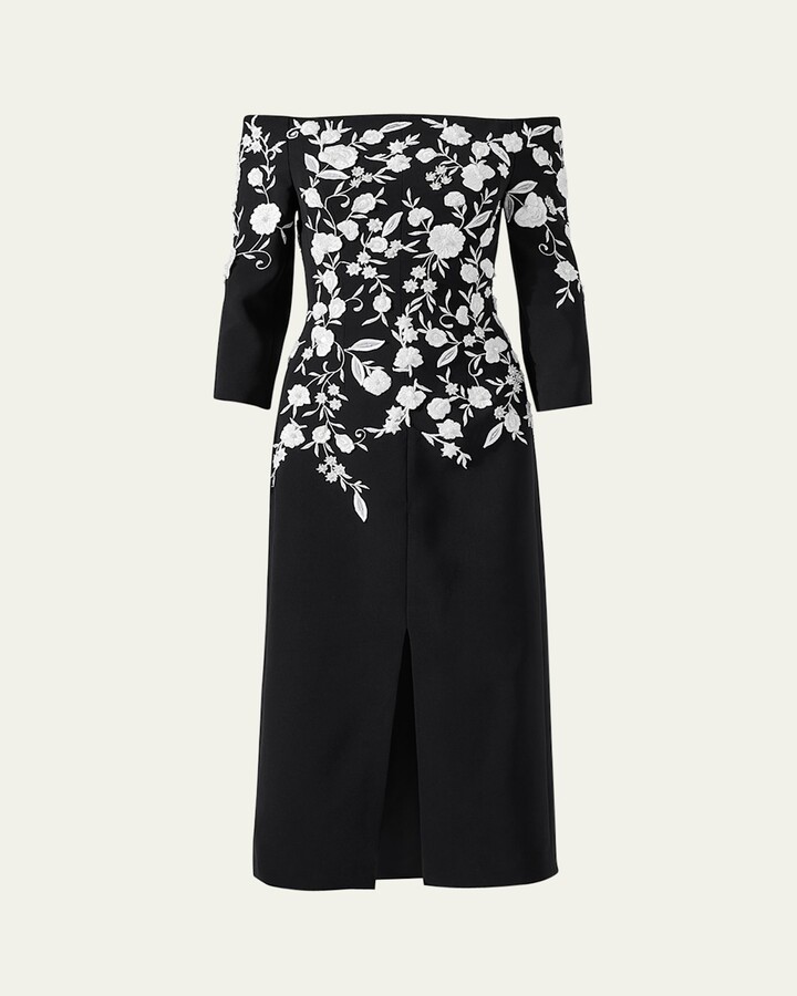 Carolina Herrera Floral Embroidered Off-Shoulder Midi Dress