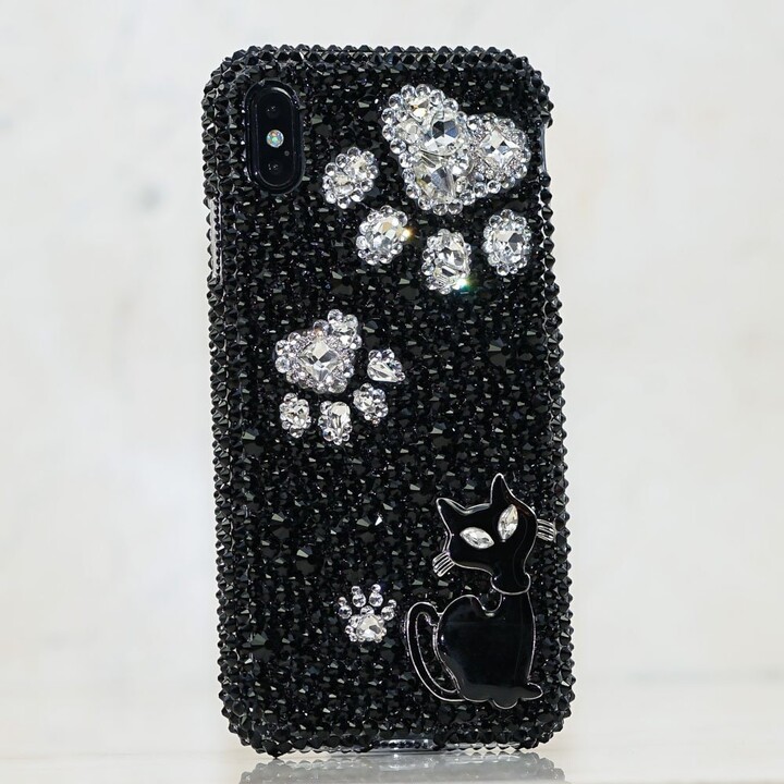 Etsy Black Cat Genuine Jet Crystals Case For Iphone 17 16 Plus 15 Pro Max Samsung Galaxy S25 Ultra S24 Z Fold Flip