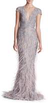 Marchesa Sleeveless Plunging Fully Beaded & Ostrich Feather Evening Gown