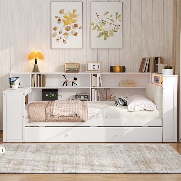 GDFStudioBrewerWoodPlatformBedwithStorageShelvesTrundleChargingStationandLEDWhite/BeigeTwinSize