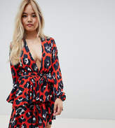 Thumbnail for your product : John Zack Petite plunge front ruffle skater dress in red leopard