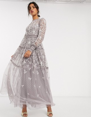 needle & thread embroidered lace tiered maxi dress in ivory