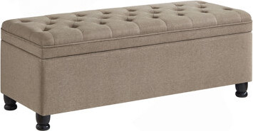 Upholstered tufted button storage bench ,Linen fabric entry bench with spindle wooden legs