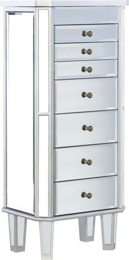 Powell Company Ludwig Silver Mirrored Wood Freestanding 18 in. W Jewelry Armoire with Drawers