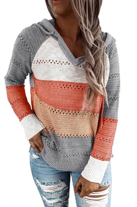 Women Casual Color Block Hoodies Striped Long Sleeve Sweaters Lightweight V Neck Knit Pullover Sweatshirts Tops 