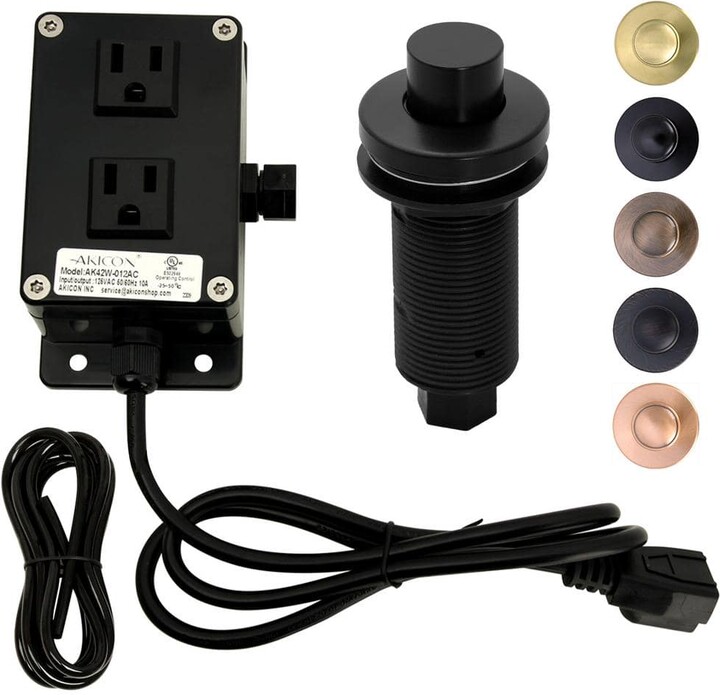 Akicon Garbage Disposal Air Switch Kit, Dual Outlet, Solid Brass Button, Matte Black Long Button Air Switch - AK79003B