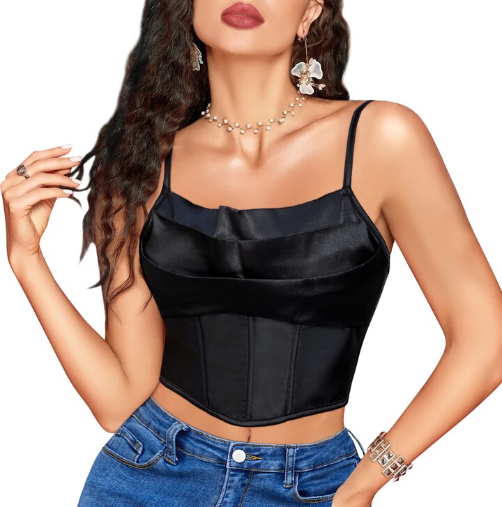 LODAY Women Sexy Satin Spaghetti Corset Top Strap Boned Vintage Bustier Y2K  Fashion Zip Back Going Out Party Crop Top - ShopStyle