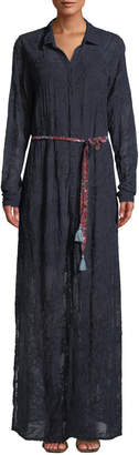 Johnny Was Tina Long-Sleeve Embroidered Georgette Shirtdress w/ Printed Belt