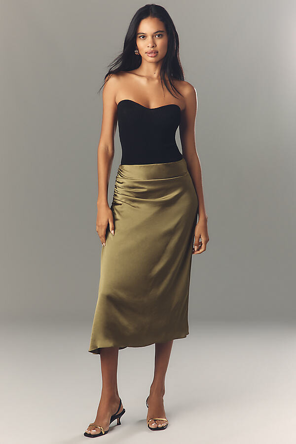 Theory Ruched Satin Midi Skirt