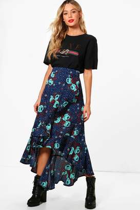 boohoo Woven Floral Frill And Wrap Midi Skirt